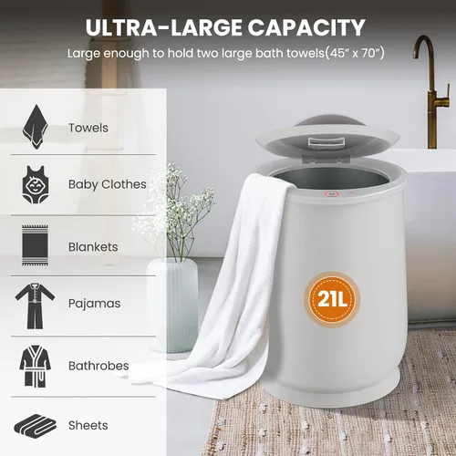 Vista 5 de WELLHUT Calentador de toallas calientes de 21 litros, calentadores de toallas de baño con soporte para fragancia, función de aislamiento, Gris