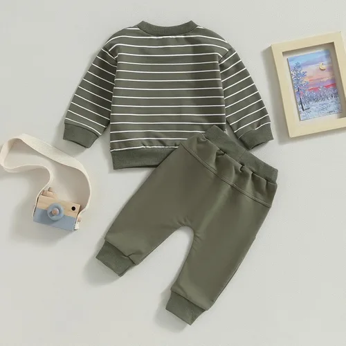 Vista 4 de VISGOGO Conjunto de 2 piezas de sudadera de manga larga con estampado de rayas para bebé niño