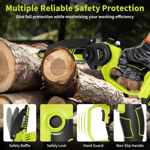 Vista 6 de RYOJEGK Mini motosierra inalámbrica de 6 y 8 pulgadas, instalación sin herramientas, pequeña motosierra de mano con 4 guías y cadena, Motosierra