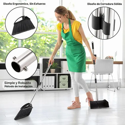 Vista 3 de Yangbaga Juego de recogedor y escoba de mango largo para el hogar, recogedores y escobas de metal resistente, diseño de pie vertical, escoba