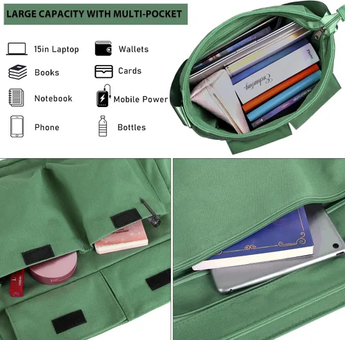 Vista 4 de Bolso bandolera de lona para hombres y mujeres, bolso vintage para laptop, bolsa grande con múltiples bolsillos