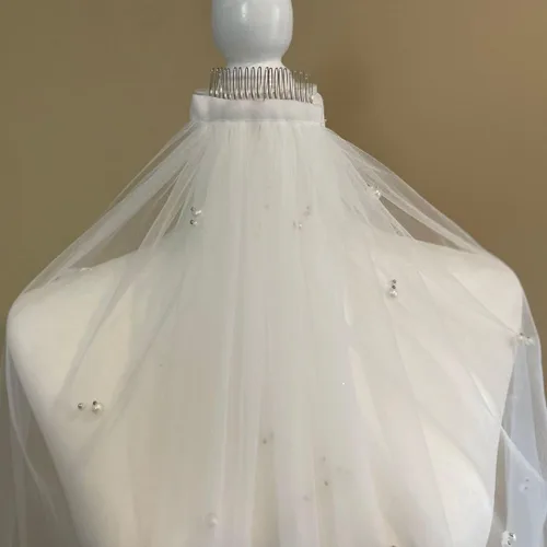 Vista 6 de Bambi Elegant Bridal Cathedral Veil with Artificial Pearl Design - White, 118.1 inches Long