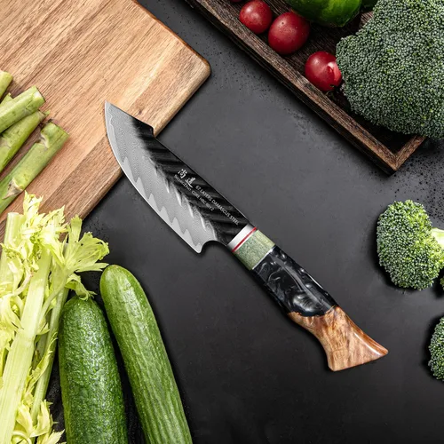 Vista 7 de SHANGDAO Cuchillo Utilitario de Damasco de 4.8 Pulgadas, Cuchillo para Frutas con Funda de Cuero, 67 Capas de Acero de Aleación para Pelar, Mango