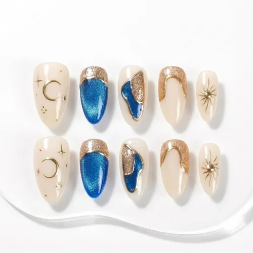 Vista 31 de Sun&Beam Nails Dije hecho a mano de almendra media larga con diseño de diamante de color nude, lindas puntas de uñas postizas, 10 unidades (#99 S)