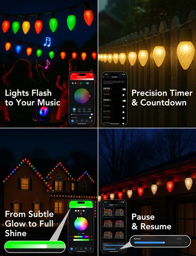 Vista 9 de Popotan C-9 Luces LED de Navidad para Exteriores, 33 Pies 50 LEDs Luces de Cadena RGB Inteligentes con Control Remoto de Aplicación, 108 Modos