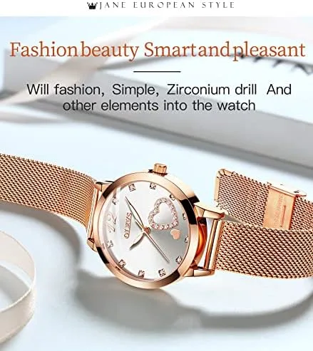 Vista 6 de OLEVS Relojes de pulsera clásicos de oro rosa para mujer, juego de regalos con pulsera con forma de corazón de diamante, reloj analógico de cuarzo