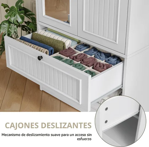 Vista 4 de iPormis Armario de madera con puerta de espejo y cajón, armario para recámara con 2 puertas para colgar ropa, color blanco