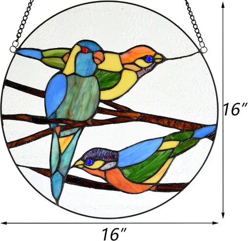 Vista 5 de Bieye W10044 Parrots on Branches Tiffany Style - Panel colgante de vitral con cadena, forma redonda de 16 pulgadas de ancho, color azul