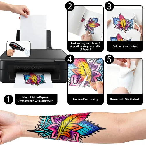 Vista 5 de Papel de tatuaje temporal imprimible para impresora de inyección de tinta, 8.5 x 11 pulgadas, 8 hojas, papel de transferencia de tatuaje
