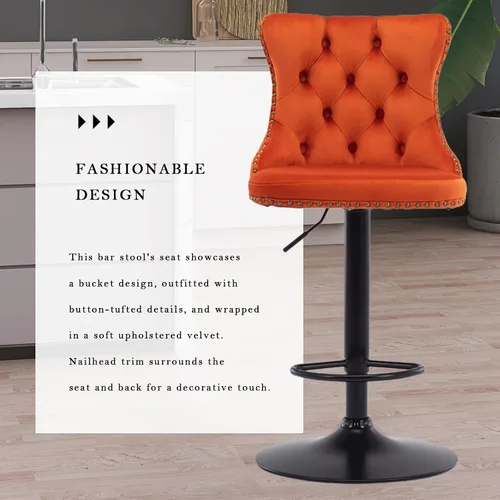 Vista 334 de SoarFlash Juego de 2 taburetes de bar tapizados de terciopelo moderno con patas de madera, botones acolchados, cabeza de clavo cromada, asiento