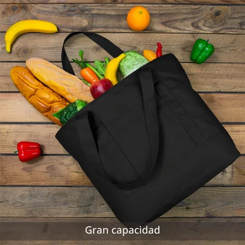 Vista 3 de TOPDesign Paquete de 1 bolsa de lona con bolsillo externo, bolsa de compras reutilizable para comestibles, cierre de cremallera superior, artículos