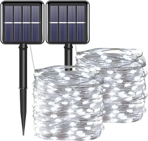 Vista 15 de Tira de luces solares azules de Navidad al aire libre impermeables, 2 paquetes, total 200 LED, 20.1 m, 8 modos, luces de hadas de cobre