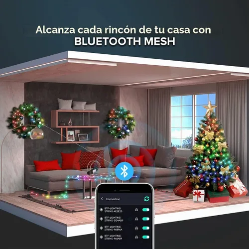 Vista 3 de WS2812B - Guirnalda de luces inteligentes de 33 pies, USB, Bluetooth, con temporizador y control remoto, sincronización de música, modos divertidos