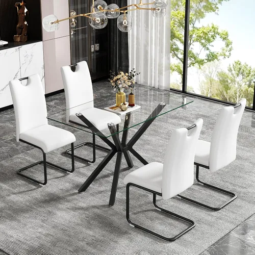 Vista 4 de Mesa de Comedor Moderna de Vidrio Templado Mesa de Cena, Mesa de Cocina Rectangular con Patas de Metal Resistentes, Diseño Minimalista