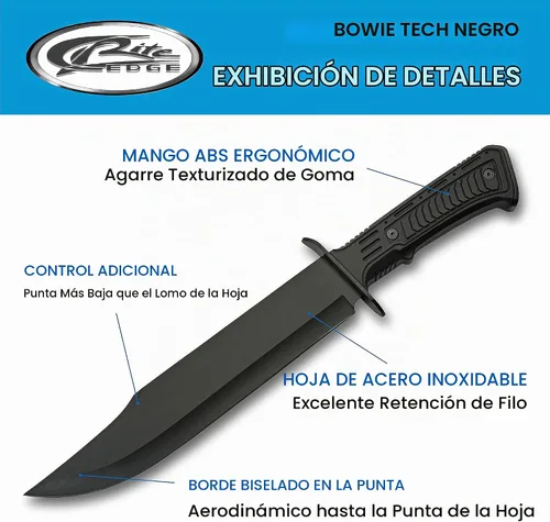 Vista 2 de SZCO Cuchillo Bowie de hoja completa de 15 pulgadas - Cuchillo negro para acampar con mango de goma, hoja de acero inoxidable y funda para caza