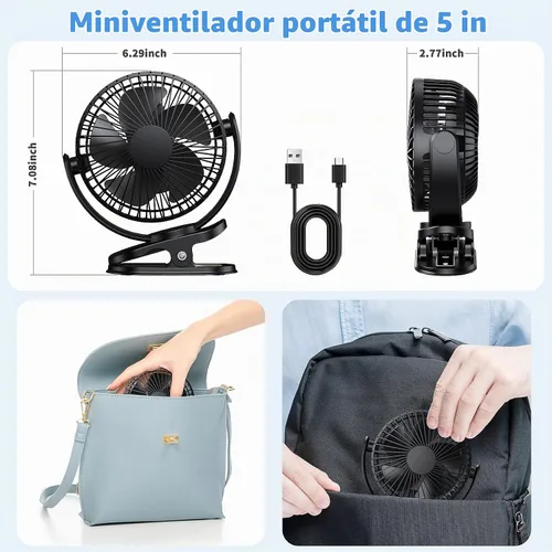 Vista 6 de ATEngeus Ventilador de escritorio recargable con clip USB, 3 velocidades, batería de 5000mAh, rotación de 720, abrazadera resistente para el hogar