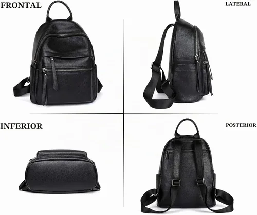 Vista 4 de COOLCY Mochila de cuero genuino para mujer, mochila multifuncional elegante para mujer (negro) pequeño