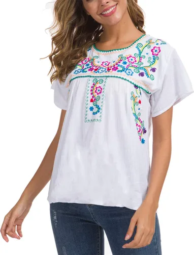 Vista 2 de YZXDORWJ - Blusa mexicana bordada para mujer - Camisa de verano manga corta