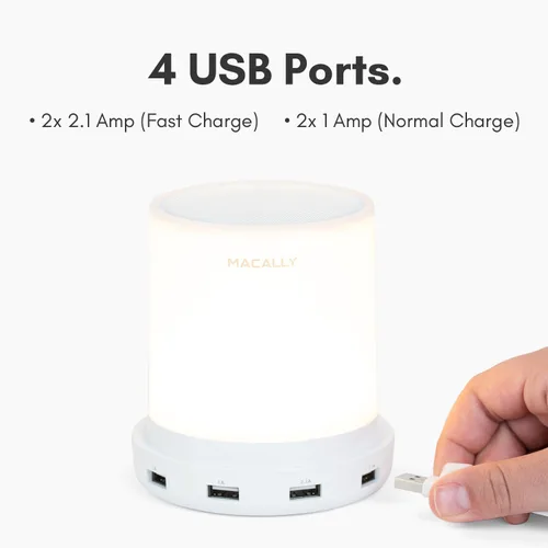 Vista 3 de Macally - lámpara LED para escritorio, mesa de luz, mesilla de noche con 4 puertos de carga USB. 3 niveles de brillo, control táctil, luz blanca