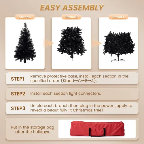 Vista 7 de Árbol de Navidad preiluminado de 7.5 pies, color negro con 500 luces RGB