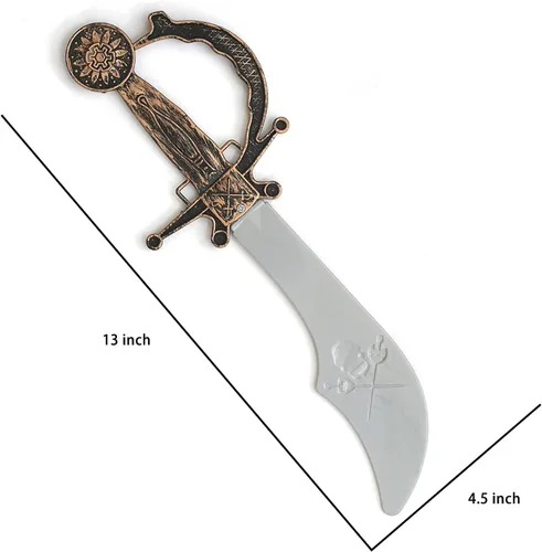 Vista 3 de Juego de disfraz de pirata para niños con espada pirata, parche de ojo, mapa del tesoro, brújula, aretes de calavera dorada y aretes de plata