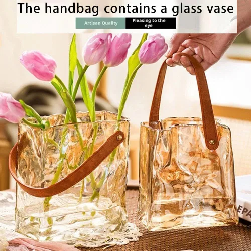 Vista 2 de Jarrón de cristal para flores, jarrones transparentes para centros de mesa, florero de bolsa con mango de cuero para decoración de bodas