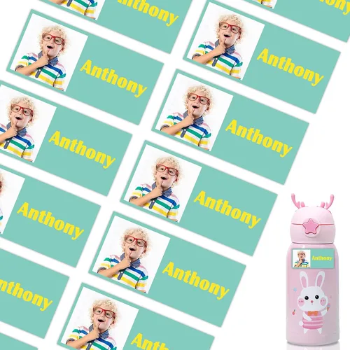 Vista 10 de 78 etiquetas personalizadas para niños con fotos impermeables, etiquetas de nombre personalizadas para suministros escolares, guardería, botellas