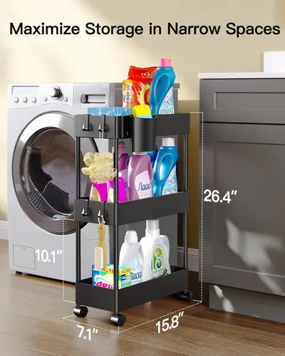 Vista 2 de Pipishell Carrito de almacenamiento delgado con ruedas, organizador de baño de 3 niveles y carrito de almacenamiento, carritos rodantes para baño