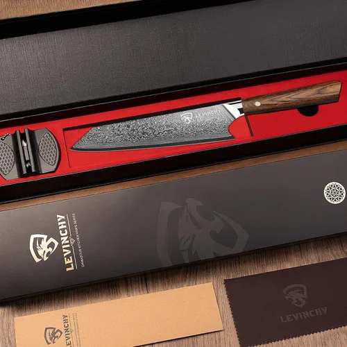 Vista 6 de Cuchillo de chef de damasco hecho a mano de 8 pulgadas con mango de madera de Pakka Cortes de precisión antioxidantes, maniobrables ligeros