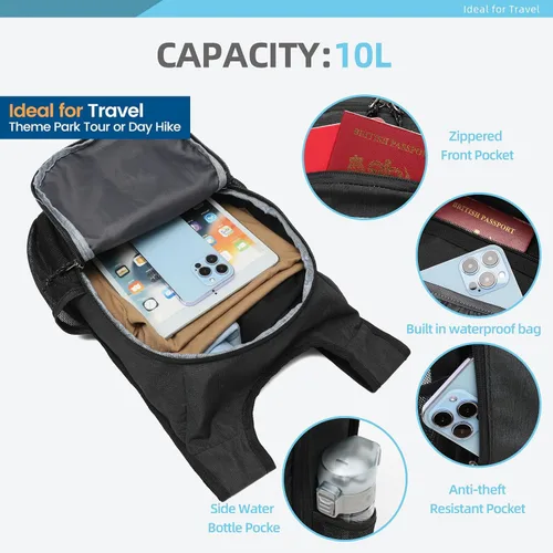 Vista 3 de Mochila ligera plegable de 10L – Mochila de viaje plegable para senderismo, ciclismo y uso diario – Bolsa de viaje resistente al agua con diseño
