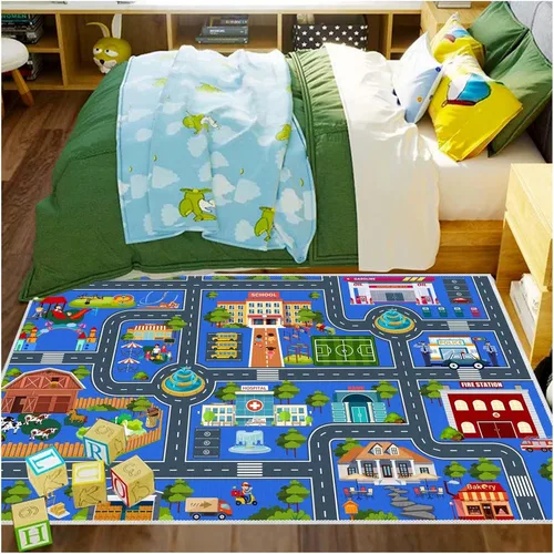 Vista 6 de Alfombra de coche de carretera para niños, 31 x 47 pulgadas, alfombra de pista de carreras de ciudad, alfombra de carreras para niños, alfombra