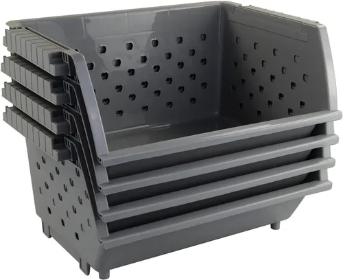 Vista 7 de Paquete de 4 cestas apilables de plástico gris para almacenamiento
