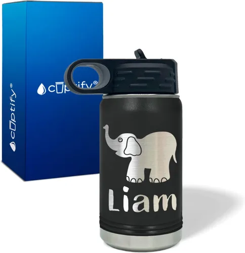 Vista 2 de Botella de agua para niños personalizada con nombre en botella de agua aislada con anillo negro mate de 12 onzas Mate negro