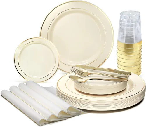 Vista 8 de Occasions" - Juego de 125 piezas (25 invitados) - Platos y cubiertos de plástico para boda, vajilla pesada desechable de 10.5 pulgadas, 6.25
