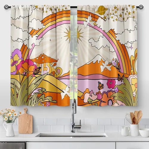 Vista 23 de Aimego Cortinas de Cocina de Eucalipto Primaveral - Hojas de Plantas de Acuarela Floral Azul con Cortinas de Nivel Botánico Floral para Cafetería