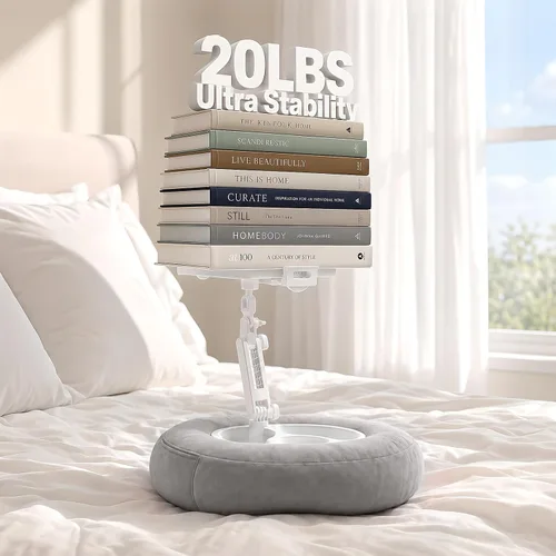 Vista 5 de Soporte de almohada para tableta para cama y sofá, soporte manos libres para Kindle y iPad con brazo ajustable de 360°, almohada de regazo suave