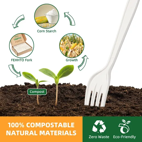 Vista 3 de Tenedor 100% compostable, 7 pulgadas, 150 tenedores desechables de almidón de maíz, cubiertos resistentes con certificación BPI, utensilios