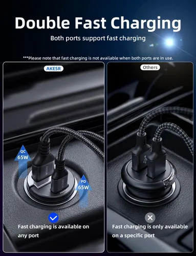 Vista 4 de AKESR Cargador de coche USB C de 65 W de carga rápida, accesorios de salida USB de 12 V para Carro, adaptador compacto para encendedor