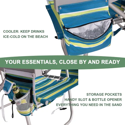 Vista 7 de Romswi Silla de playa alta extra ancha para adultos, mochila de asiento alto de 17 pulgadas con bolsa refrigeradora, soporte para taza y teléfono