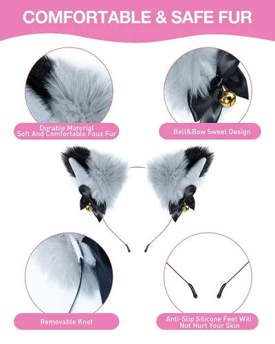 Vista 6 de CEDAR BRIGHT Fox Cat Ears Anime Cosplay - Diadema de lobo de animales, diadema de Halloween, accesorios de disfraz con campanas (gris)