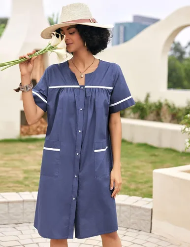 Vista 2 de Ekouaer Ropa de dormir para mujeres, camisón con broches frontales, bata de casa de algodón, manga corta, vestido de casa