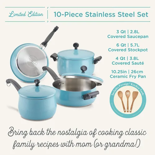 Vista 9 de Farberware Juego de 120 ollas y sartenes de acero inoxidable de edición limitada con herramientas de cocina Prestige, 10 piezas, color azul Azul