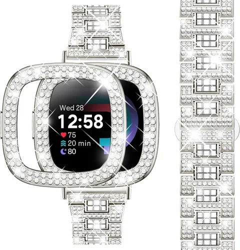 Vista 15 de Dsytom Bling Banda de Reloj Elegante Compatible con Fitbit Versa 4, Sense 2, Versa 3, Sense - Correa Linda con Funda Protectora de Rinstone