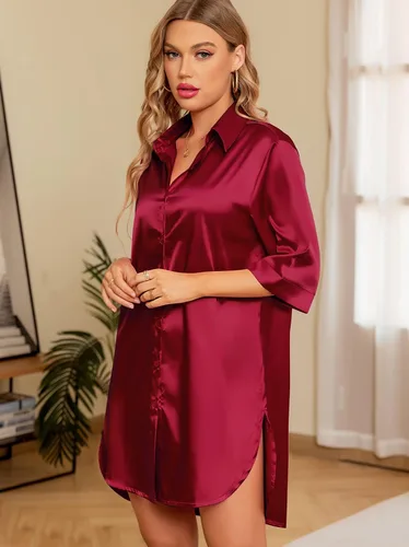 Vista 3 de Samring Camisón de seda para mujer, manga 34, con botones, camisola de satén para dormir