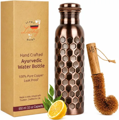 Vista 12 de Alpha Living Home Pure Copper Water Bottle Set of 3 - Handcrafted Drinking Bottles with Hammered, Diamond & Honeycomb Design - Leak Proof Wide Mouth