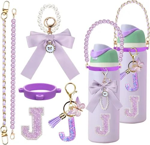 Vista 86 de 6 piezas de accesorios con letras para botella de agua Owala 24 oz 32 oz 40 oz, con lindos dijes iniciales y correa para el asa, compatible