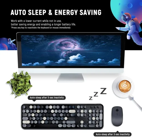 Vista 5 de Combo de teclado y mouse inalámbricos, teclado redondo estilo máquina de escribir retro, teclado inalámbrico de tamaño completo de 2.4 GHz