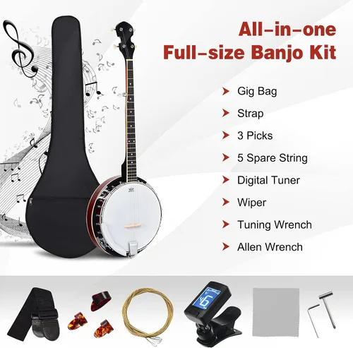 Vista 6 de Costzon Banjo de 5 cuerdas 24 soporte con 5º sintonizador engranado y mango cerrado de rango medio, kit para principiantes con bolsa de tela Oxford