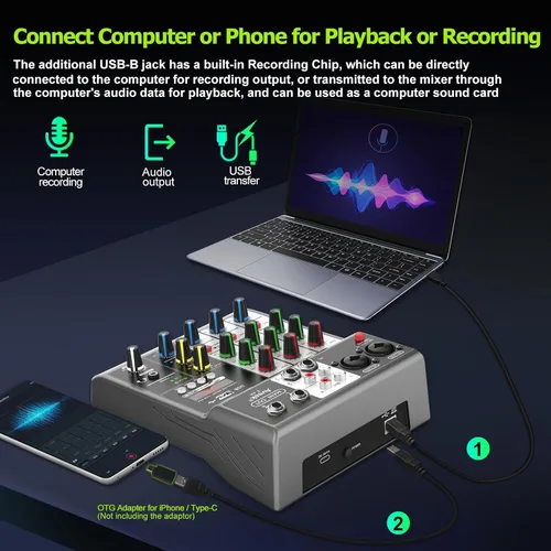 Vista 6 de Mezclador de audio profesional Aveek, consola de mezcla de placa de sonido con 4 canales digitales USB Bluetooth, efecto de eco y retardo, entrada