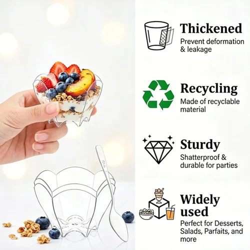 Vista 5 de Tebery Paquete de 100 mini tazas de postre Parfaits con 100 cucharas, cuenco pequeño transparente de 2.5 onzas para probar postres de fiesta